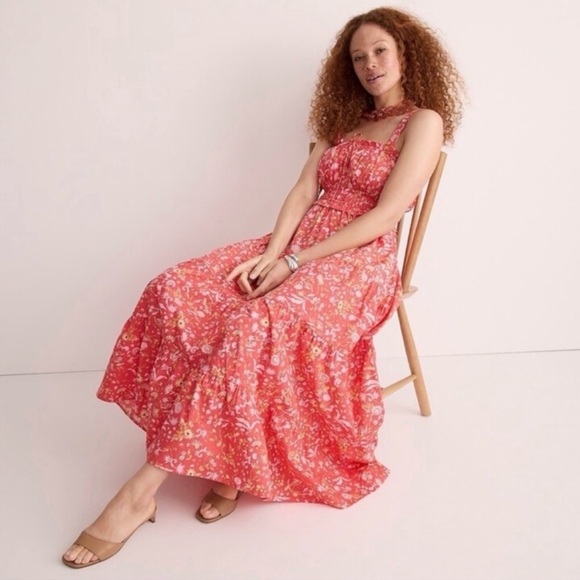J. Crew Ruffle Trim Tiered Maxi Dress XS Petite Sunny Blooms Coral Cottage NWT - Picture 2 of 14